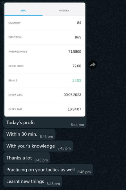 Member trade ticket and messages about learning new tactics