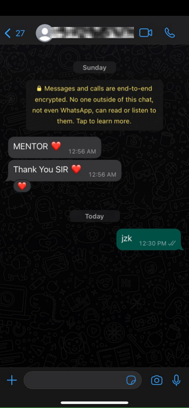 Member WhatsApp message calling the instructor a mentor
