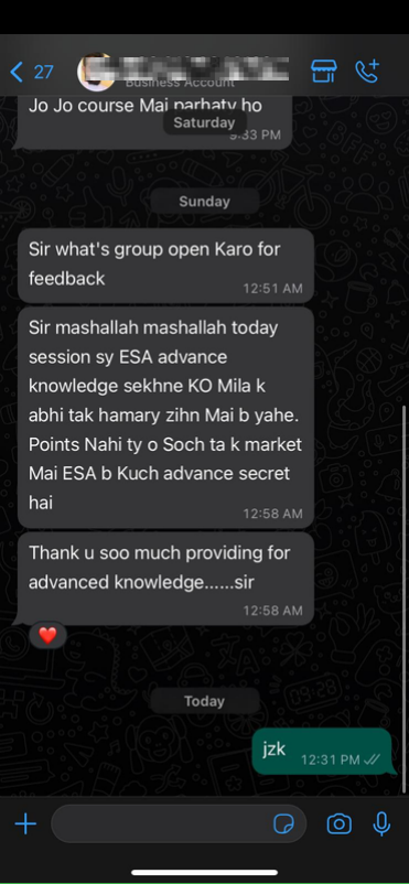 Member WhatsApp feedback after an ESA session