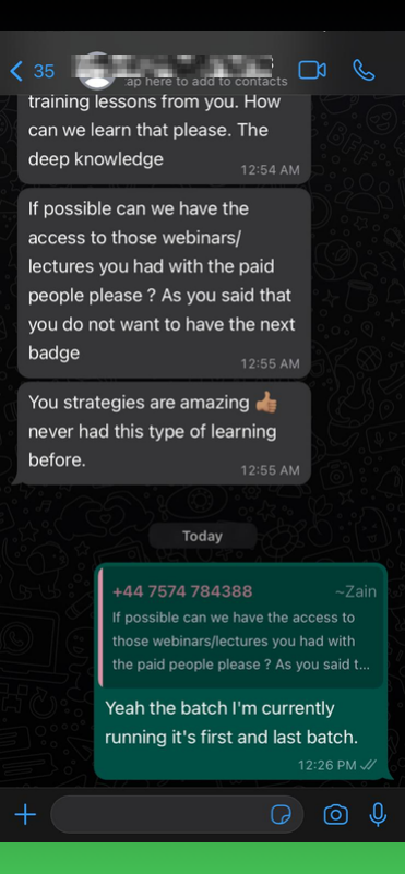 Member WhatsApp asking for access to paid lectures