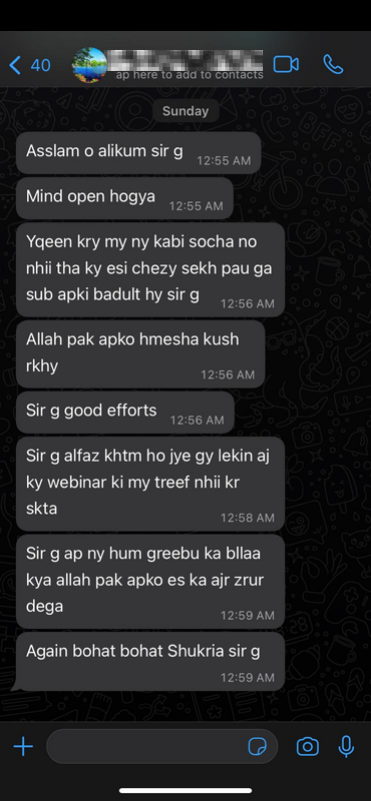 Member WhatsApp messages thanking the instructor after a webinar