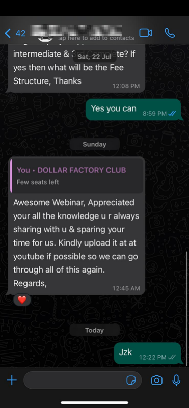 Member WhatsApp asking to upload a webinar to YouTube